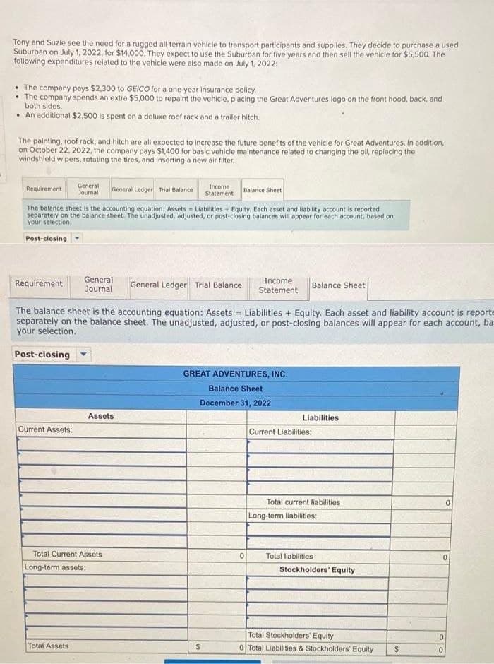 Tony and Suzie see the need for a rugged all-terrain vehicle to transport participants and supplies. They decide to purchase a used
Suburban on July 1, 2022, for $14,000. They expect to use the Suburban for five years and then sell the vehicle for $5,500. The
following expenditures related to the vehicle were also made on July 1, 2022:
The company pays $2,300 to GEICO for a one-year insurance policy.
The company spends an extra $5,000 to repaint the vehicle, placing the Great Adventures logo on the front hood, back, and
both sides.
An additional $2,500 is spent on a deluxe roof rack and a trailer hitch.
The painting, roof rack, and hitch are all expected to increase the future benefits of the vehicle for Great Adventures. In addition,
on October 22, 2022, the company pays $1,400 for basic vehicle maintenance related to changing the oil, replacing the
windshield wipers, rotating the tires, and inserting a new air filter.
Requirement
General
Journal
General Ledger Trial Balance
Income
Statement
Balance Sheet
The balance sheet is the accounting equation: Assets Liabilities + Equity. Each asset and liability account is reported
separately on the balance sheet. The unadjusted, adjusted, or post-closing balances will appear for each account, based on
your selection,
Post-closing
Requirement
General
Journal
General Ledger Trial Balance
Income
Statement
Balance Sheet
The balance sheet is the accounting equation: Assets
Liabilities + Equity. Each asset and liability account is reporte
separately on the balance sheet. The unadjusted, adjusted, or post-closing balances will appear for each account, ba
your selection.
Post-closing
Assets
Current Assets:
GREAT ADVENTURES, INC.
Balance Sheet
December 31, 2022
Liabilities
Current Liabilities:
Total current liabilities
Long-term liabilities:
Total Current Assets
Long-term assets:
0
Total liabilities
0
Stockholders' Equity
Total Assets
Total Stockholders' Equity
0
0 Total Liabilities & Stockholders' Equity
$
0
0