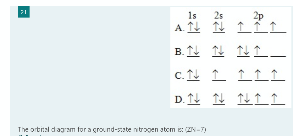 21
1s
A. ÎU îL Î ÎÎ
2s
2p
B. TL TL TL ↑
C. TL Î ÎîÎ
D. TL TL ILÎÎ
The orbital diagram for a ground-state nitrogen atom is: (ZN=7)
