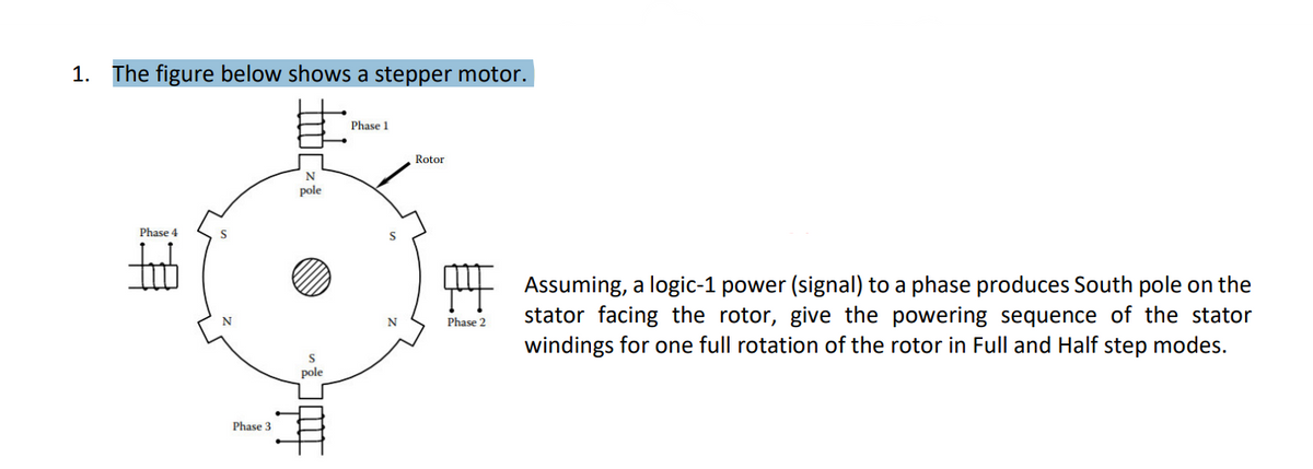 1. The figure below shows a stepper motor.
13
Phase 4
Phase 3
N
pole
S
pole
Phase 1
S
N
Rotor
Phase 2
Assuming, a logic-1 power (signal) to a phase produces South pole on the
stator facing the rotor, give the powering sequence of the stator
windings for one full rotation of the rotor in Full and Half step modes.