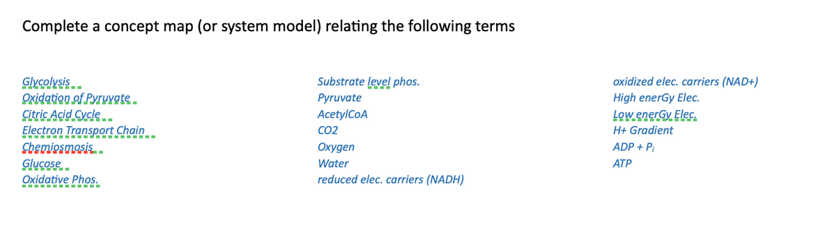 Complete a concept map (or system model) relating the following terms
Glycolysis
Oxidation of Pyruvate .
Citric Acid Cycle
Electron Transport Chain
Chemiosmosis.
Glucose
Substrate level phos.
oxidized elec. carriers (NAD+)
High enerGy Elec.
Pyruvate
AcetylCoA
Low enerGy Eleç.
H+ Gradient
CO2
Охудеn
ADP + Pi
Water
АТР
Oxidative Phos.
-- ---- ----
reduced elec. carriers (NADH)
