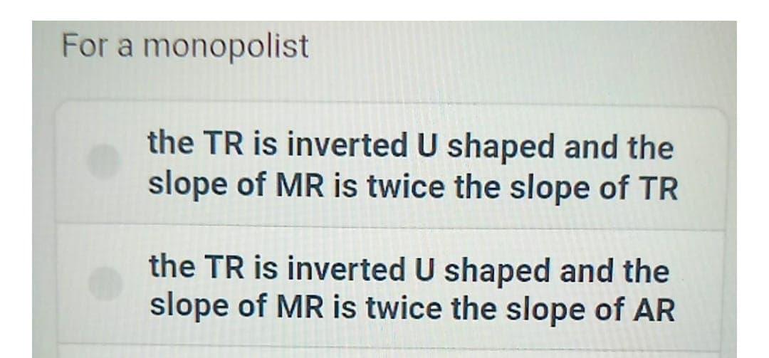 For a monopolist
the TR is inverted U shaped and the
slope of MR is twice the slope of TR
the TR is inverted U shaped and the
slope of MR is twice the slope of AR