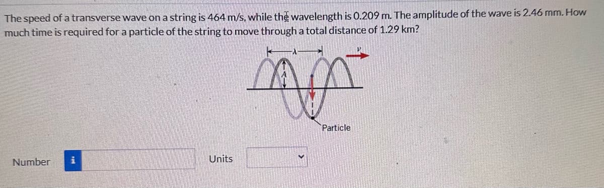 The speed of a transverse wave on a string is 464 m/s, while the wavelength is 0.209 m. The amplitude of the wave is 2.46 mm. How
much time is required for a particle of the string to move through a total distance of 1.29 km?
an
Number i
Units
Particle