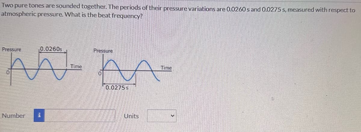 Two pure tones are sounded together. The periods of their pressure variations are 0.0260 s and 0.0275 s, measured with respect to
atmospheric pressure. What is the beat frequency?
Pressure
,0.0260s
M
Number i
Time
Pressure
0.0275 s
Units
Time