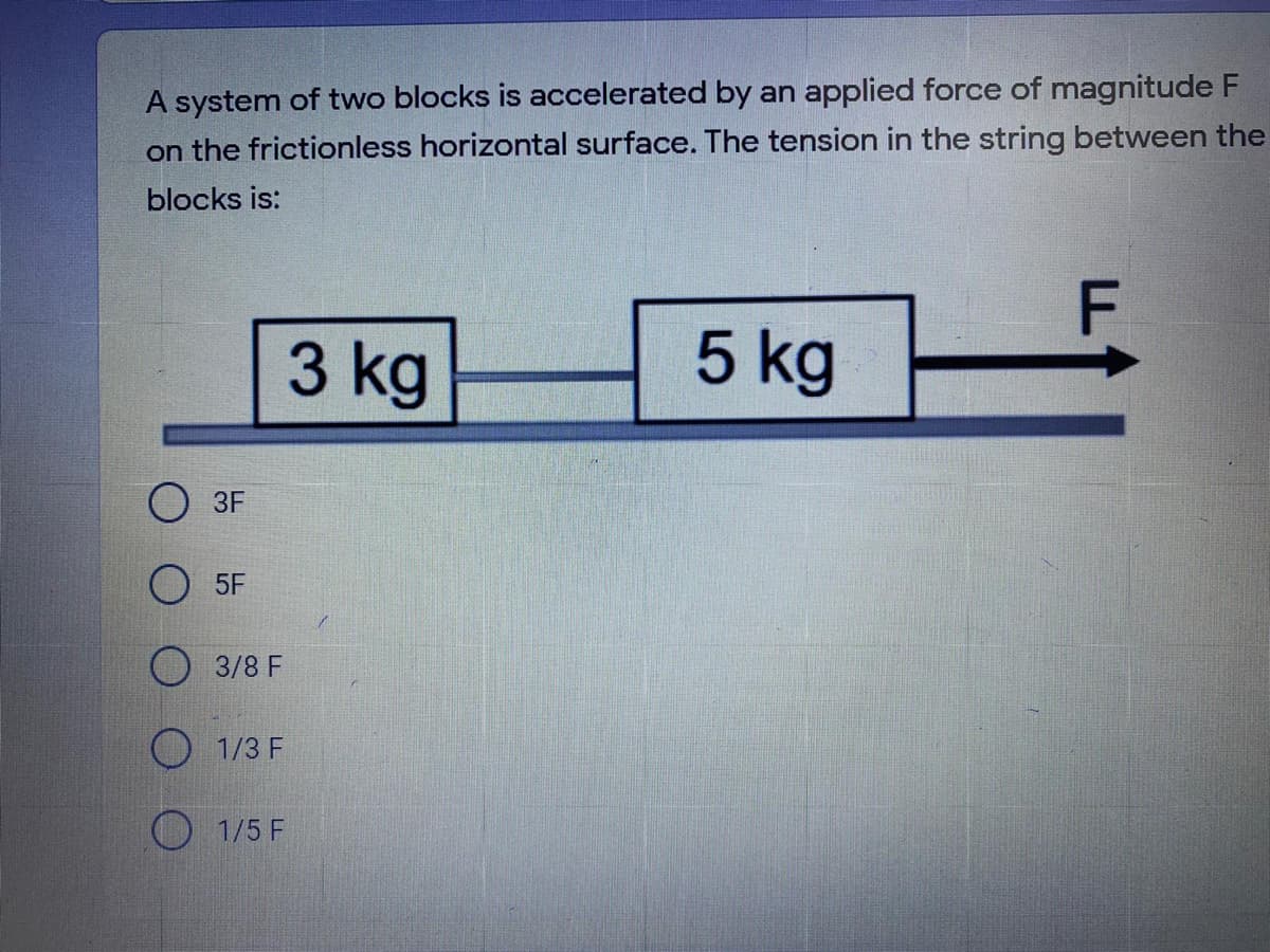 A system of two blocks is accelerated by an applied force of magnitude
on the frictionless horizontal surface. The tension in the string between the
blocks is:
3 kg
5 kg
3F
O 5F
О 3/8 F
1/3 F
O 1/5 F
