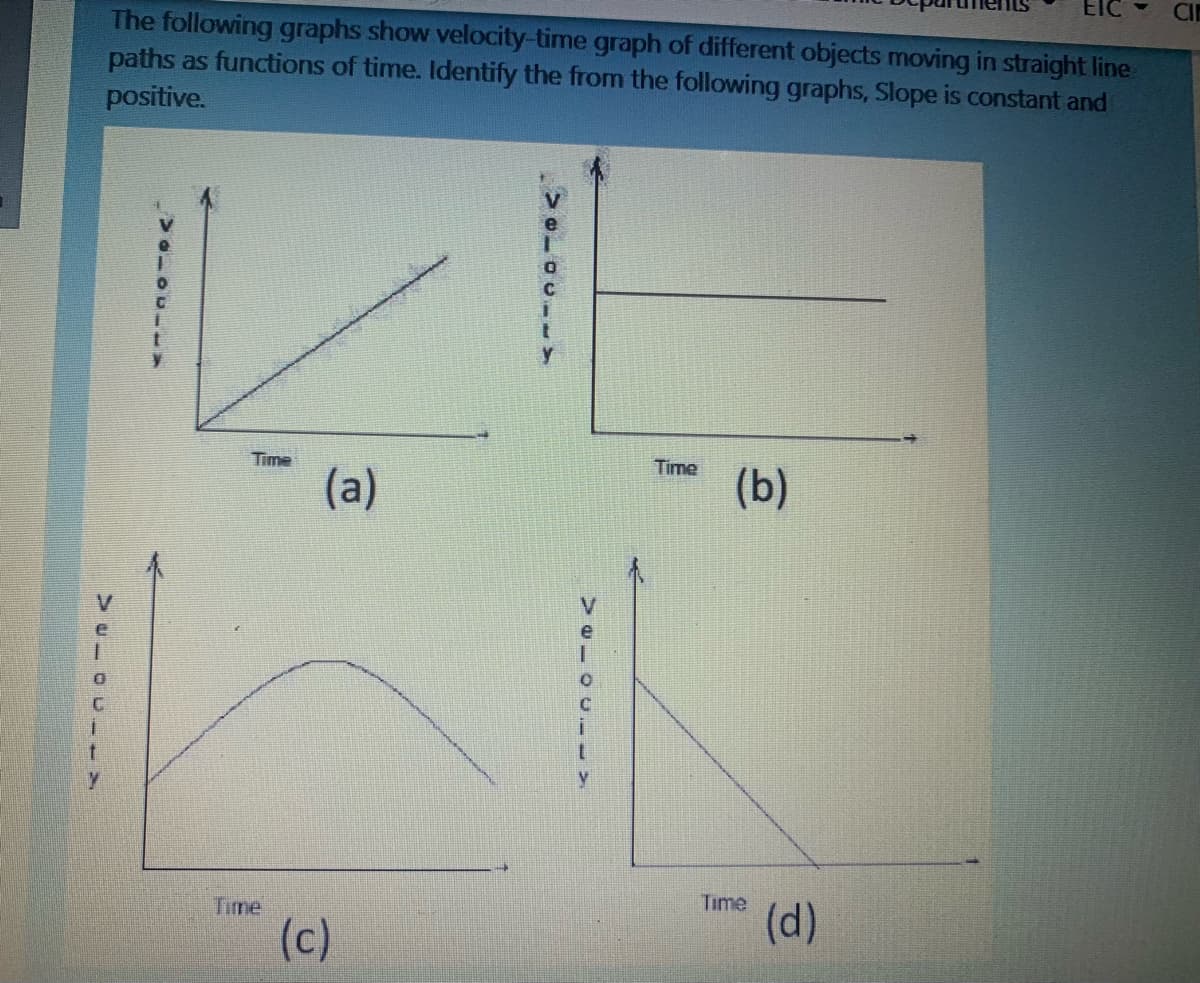 The following graphs show velocity-time graph of different objects moving in straight line
paths as functions of time. Identify the from the following graphs, Slope is constant and
positive.
Time
Time
(a)
(b)
Time
(d)
Time
(c)
