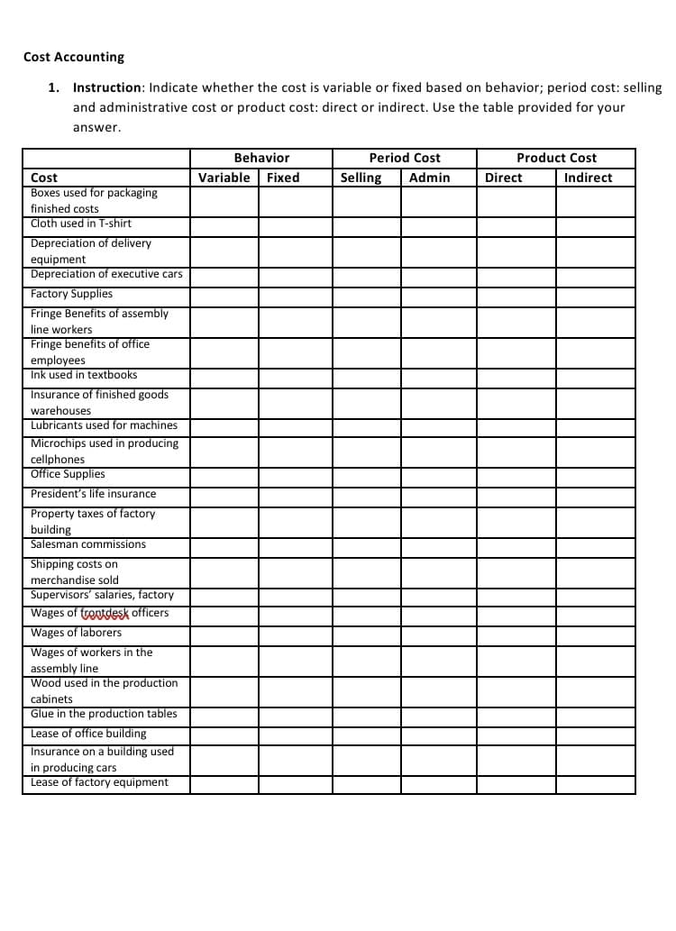 Cost Accounting
1. Instruction: Indicate whether the cost is variable or fixed based on behavior; period cost: selling
and administrative cost or product cost: direct or indirect. Use the table provided for your
answer.
Behavior
Period Cost
Product Cost
Variable
Fixed
Selling
Admin
Direct
Indirect
Cost
Boxes used for packaging
finished costs
Cloth used in T-shirt
Depreciation of delivery
equipment
Depreciation of executive cars
Factory Supplies
Fringe Benefits of assembly
line workers
Fringe benefits of office
employees
Ink used in textbooks
Insurance of finished goods
warehouses
Lubricants used for machines
Microchips used in producing
cellphones
Office Supplies
President's life insurance
Property taxes of factory
building
Salesman commissions
Shipping costs on
merchandise sold
Supervisors' salaries, factory
Wages of frontdesk officers
Wages of laborers
Wages of workers in the
assembly line
Wood used in the production
cabinets
Glue in the production tables
Lease of office building
Insurance on a building used
in producing cars
Lease of factory equipment
