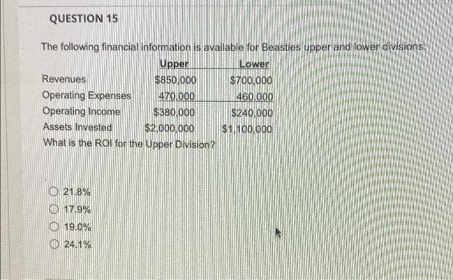 QUESTION 15
The following financial information is available for Beasties upper and lower divisions.
Upper
Lower
Revenues
$850,000
$700,000
Operating Expenses
470,000
460,000
Operating Income
$380,000
$240,000
Assets Invested
$2,000,000
$1,100,000
What is the ROI for the Upper Division?
21.8%
17.9%
19.0%
24.1%