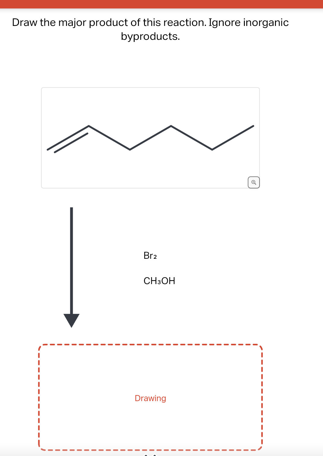 Draw the major product of this reaction. Ignore inorganic
byproducts.
Br2
CH3OH
Drawing