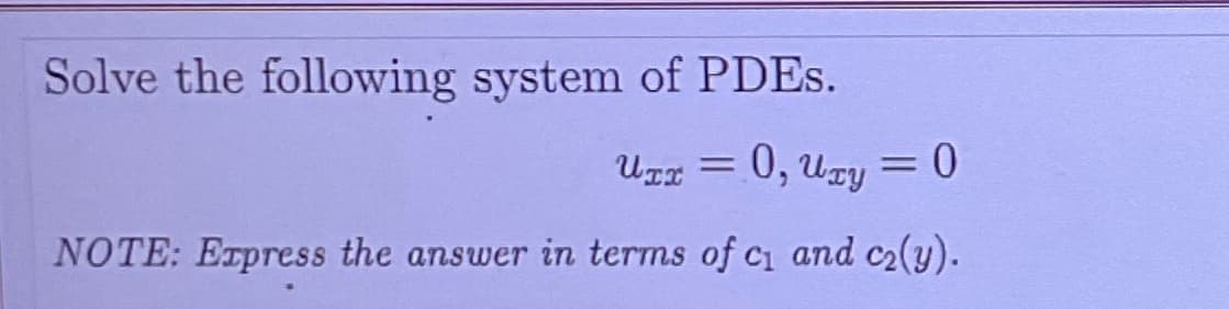 Solve the following system of PDES.
Uzz = 0, Uzy = 0
NOTE: Express the answer in terms of ci and c2(y).

