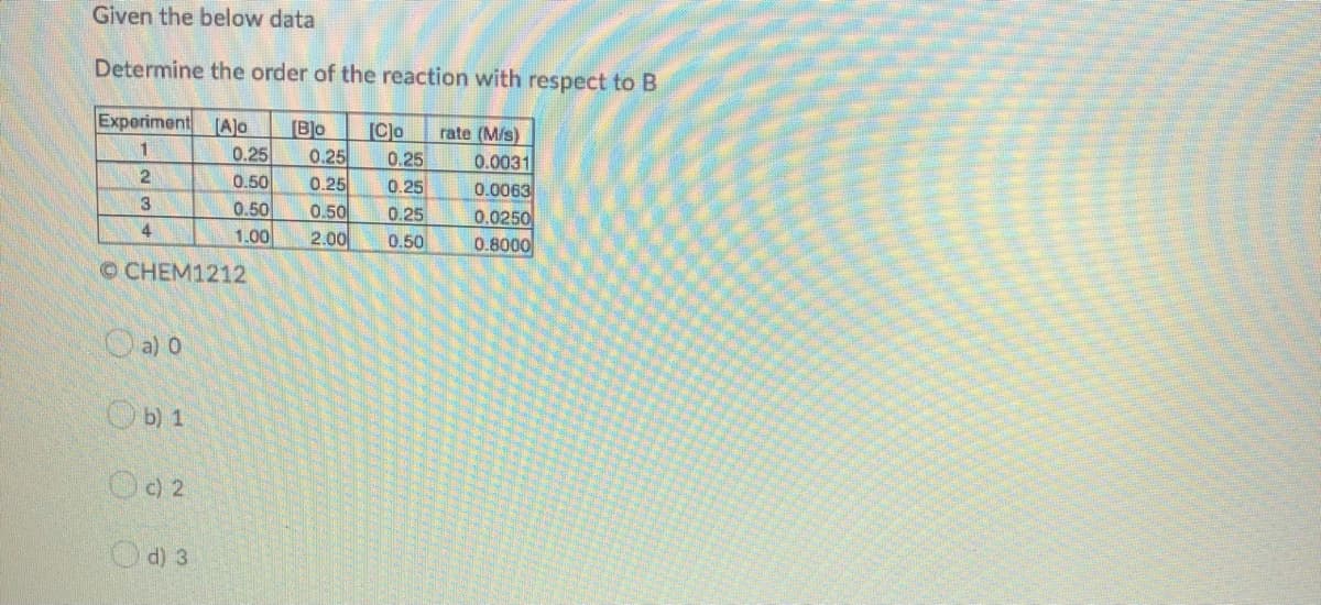 Given the below data
Determine the order of the reaction with respect to B
Experiment AJo
(Blo
0.25
0.25
[CJo
rate (M/s)
1
0.25
0.25
0.0031
2
0.50
0.25
0.0063
3
0.50
0.50
0.25
0.0250
0.8000
4
1.00
2.00
0.50
OCHEM1212
Oa) o
Ob) 1
