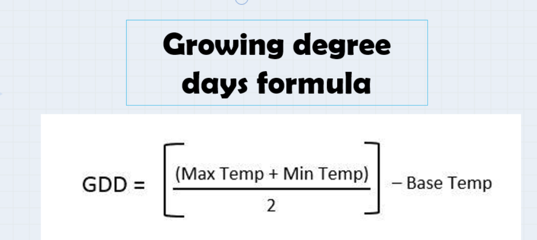 Growing degree
days formula
(Max Temp + Min Temp)
GDD =
- Base Temp
2
