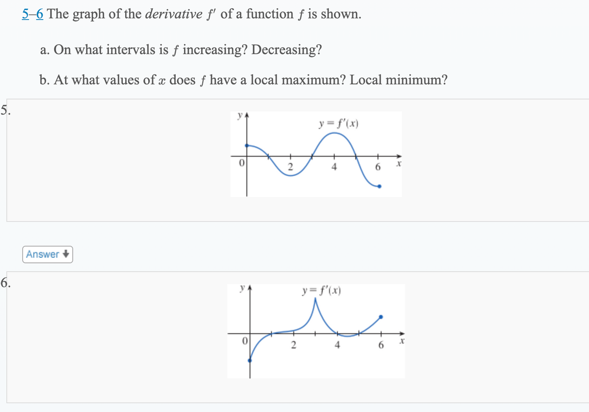 5-6 The graph of the derivative f' of a function f is shown.
a. On what intervals is ƒ increasing? Decreasing?
b. At what values of x does f have a local maximum? Local minimum?
5.
y
y = f'(x)
4
6.
Answer +
6.
y = f'(x)
4
6
