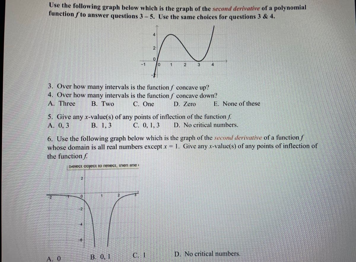 Use the following graph below which is the graph of the second derivative of a polynomial
function fto answer questions 3-5. Use the same choices for questions 3 & 4.
-1
3
3. Over how many intervals is the function f concave up?
4. Over how many intervals is the function f concave down?
A. Three
В. Тwo
С. Опe
D. Zero
E. None of these
5. Give any x-value(s) of any points of inflection of the function f.
С. 0, 1, 3
А. 0, 3
В. 1, 3
D. No critical numbers.
6. Use the following graph below which is the graph of the second derivative of a function f
whose domain is all real numbers except r = 1. Give any x-value(s) of any points of inflection of
the function f.
Seiect object to renect, then ine
-2
В. 0, 1
C. 1
D. No critical numbers.
А. О
