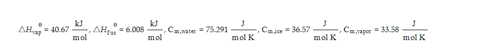 0
AHvap = 40.67
kJ
mol
1
0
AHfus = 6.008
kJ
mol
, Cm, water
=
75.291
J
mol K
Cm,ice = 36.57
J
mol K
, Cm,vapor = 33.58
J
mol K
