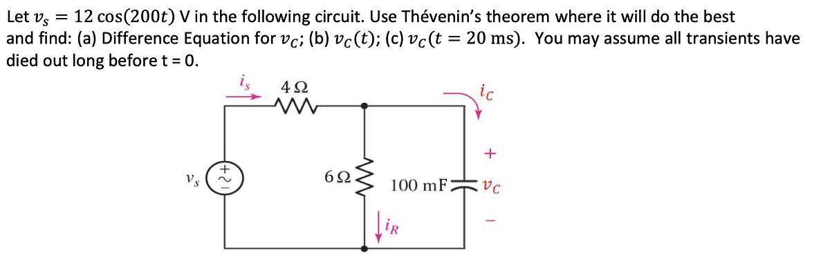 Let v, = 12 cos(200t) V in the following circuit. Use Thévenin's theorem where it will do the best
and find: (a) Difference Equation for vc; (b) vc(t); (c) vc(t = 20 ms). You may assume all transients have
died out long before t = 0.
4 2
ic
+
Vs
100 mF
