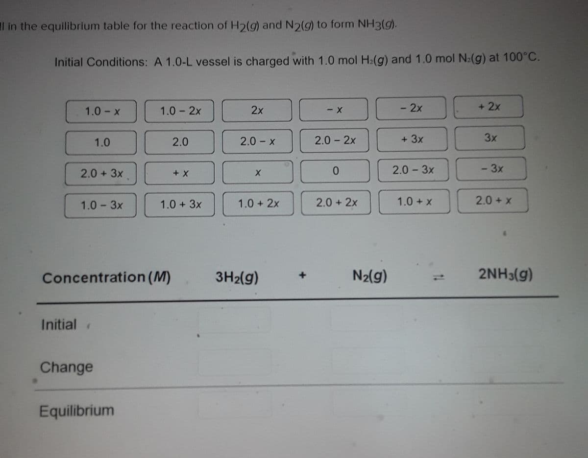 l in the equilibrium table for the reaction of H2(g) and N2(g) to form NH3(9).
Initial Conditions: A 1.0-L vessel is charged with 1.0 mol H:(g) and 1.0 mol N:(g) at 100°C.
1.0 - x
1.0 2x
2x
- -
- 2x
+2x
1.0
2.0
2.0 - x
2.0 - 2x
+ 3x
3x
2.0 + 3x
0.
2.0 - 3x
-3x
1.0-3x
1.0 + 3x
1.0 + 2x
2.0 + 2x
1.0 + x
2.0 + x
Concentration (M)
3H2(g)
N2(g)
2NH3(g)
Initial
Change
Equilibrium
