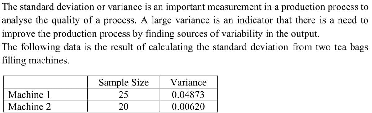 The standard deviation or variance is an important measurement in a production process to
analyse the quality of a process. A large variance is an indicator that there is a need to
improve the production process by finding sources of variability in the output.
The following data is the result of calculating the standard deviation from two tea bags
filling machines.
Sample Size
Variance
Machine 1
25
0.04873
Machine 2
20
0.00620
