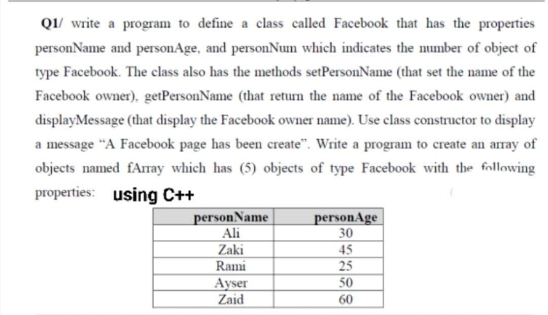 Q1/ write a program to define a class called Facebook that has the properties
personName and personAge, and personNum which indicates the number of object of
type Facebook. The class also has the methods setPersonName (that set the name of the
Facebook owner), getPersonName (that return the name of the Facebook owner) and
displayMessage (that display the Facebook owner name). Use class constructor to display
a message "A Facebook page has been create". Write a program to create an array of
objects named fAray which has (5) objects of type Facebook with the following
properties: using C++
person Name
Ali
personAge
30
45
25
Zaki
Rami
Ayser
Zaid
50
60
