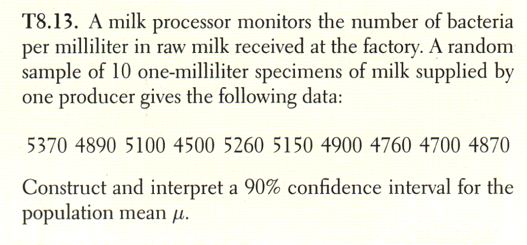 T8.13. A milk processor monitors the number of bacteria
milliliter in raw milk received at the factory. A random
per
sample of 10 one-milliliter specimens of milk supplied by
one producer gives the following data:
5370 4890 5100 4500 5260 5150 4900 4760 4700 4870
Construct and interpret a 90% confidence interval for the
population mean µ.
