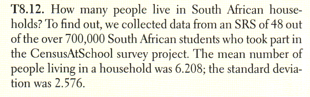 T8.12. How many people live in South African house-
holds? To find out, we collected data from an SRS of 48 out
of the over 700,000 South African students who took part in
the CensusAtSchool survey project. The mean number of
people living in a household was 6.208; the standard devia-
tion was 2.576.
