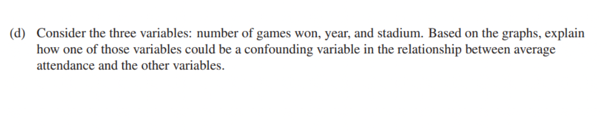 (d) Consider the three variables: number of games won, year, and stadium. Based on the graphs, explain
how one of those variables could be a confounding variable in the relationship between average
attendance and the other variables.
