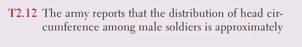 T2.12 The army reports that the distribution of head cir-
cumference among male soldiers is approximately
