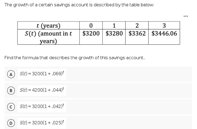 The growth of a certain savings account is described by the table below:
...
t (years)
S(t) (amount in t
_years)
1
2
3
$3200 $3280 $3362 $3446.06
Find the formula that describes the growth of this savings account.
A
S(t) = 3200(1 + .069)*
B S(t) = 4200(1+.044)*
© s(t) = 3200(1 +.042)*
S(t) = 3200(1+ .025)*
