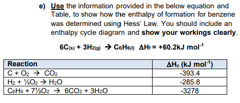 e) Use the information provided in the below equation and
Table, to show how the enthalpy of formation for benzene
was determined using Hess' Law. You should include an
enthalpy cycle diagram and show your workings clearly.
6C(s) + 3H2(g) → C6H6(1) AHF = +60.2kJ mol-¹
Reaction
C + O2
CO₂
H2 + 1/2O2 → H₂O
C6H6 + 7/2026CO2 + 3H₂O
AHC (kJ mol¹)
-393.4
-285.8
-3278