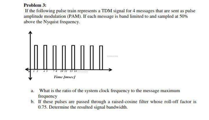 Problem 3:
If the following pulse train represents a TDM signal for 4 messages that are sent as pulse
amplitude modulation (PAM). If each message is band limited to and sampled at 50%
above the Nyquist frequency.
78 10 11 13 14
Time (msec)
a. What is the ratio of the system clock frequency to the message maximum
frequency
b. If these pulses are passed through a raised-cosine filter whose roll-off factor is
0.75. Determine the resulted signal bandwidth.
