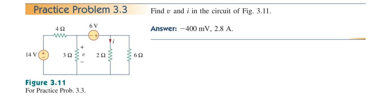 Practice Problem 3.3
Find v and i in the circuit of Fig. 3.11.
6 V
4Ω
Answer: -400 mV, 2.8 A.
14 V (+
3Ω
2Ω
6Ω
Figure 3.11
For Practice Prob. 3.3.
ww-
+
