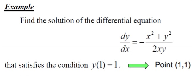 Eхаmple
Find the solution of the differential equation
dy
x² +y?
dx
2ху
that satisfies the condition y(1) = 1.
Point (1,1)
-

