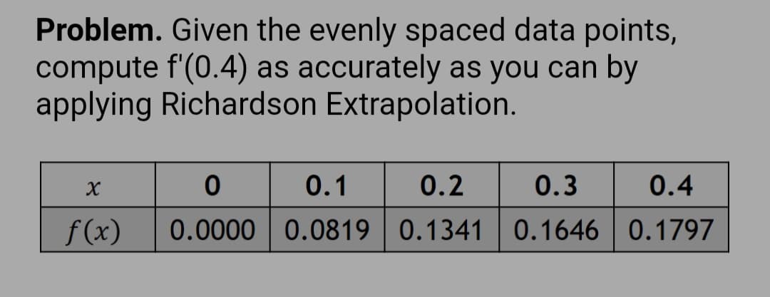 Problem. Given the evenly spaced data points,
compute f'(0.4) as accurately as you can by
applying Richardson Extrapolation.
X
0
0.1
0.2
0.3
0.4
f(x) 0.0000 0.0819 0.1341 0.1646 0.1797