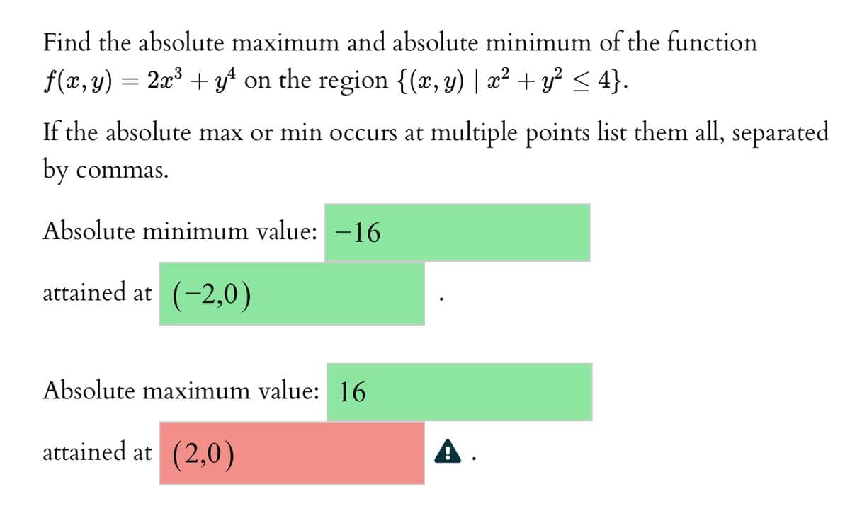 Find the absolute maximum and absolute minimum of the function
f(x, y) = 2x3 + yf on the region {(x, y) | x² + y? < 4}.
If the absolute max or min occurs at multiple points list them all, separated
by commas.
Absolute minimum value: -16
attained at (-2,0)
Absolute maximum value: 16
attained at (2,0)
