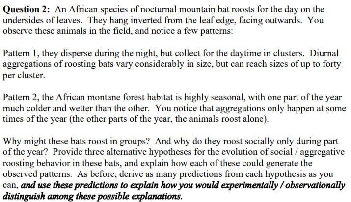 Question 2: An African species of nocturnal mountain bat roosts for the day on the
undersides of leaves. They hang inverted from the leaf edge, facing outwards. You
observe these animals in the field, and notice a few patterns:
Pattern 1, they disperse during the night, but collect for the daytime in clusters. Diurnal
aggregations of roosting bats vary considerably in size, but can reach sizes of up to forty
per cluster.
Pattern 2, the African montane forest habitat is highly seasonal, with one part of the year
much colder and wetter than the other. You notice that aggregations only happen at some
times of the year (the other parts of the year, the animals roost alone).
Why might these bats roost in groups? And why do they roost socially only during part
of the year? Provide three alternative hypotheses for the evolution of social / aggregative
roosting behavior in these bats, and explain how each of these could generate the
observed patterns. As before, derive as many predictions from each hypothesis as you
can, and use these predictions to explain how you would experimentally/ observationally
distinguish among these possible explanations.
