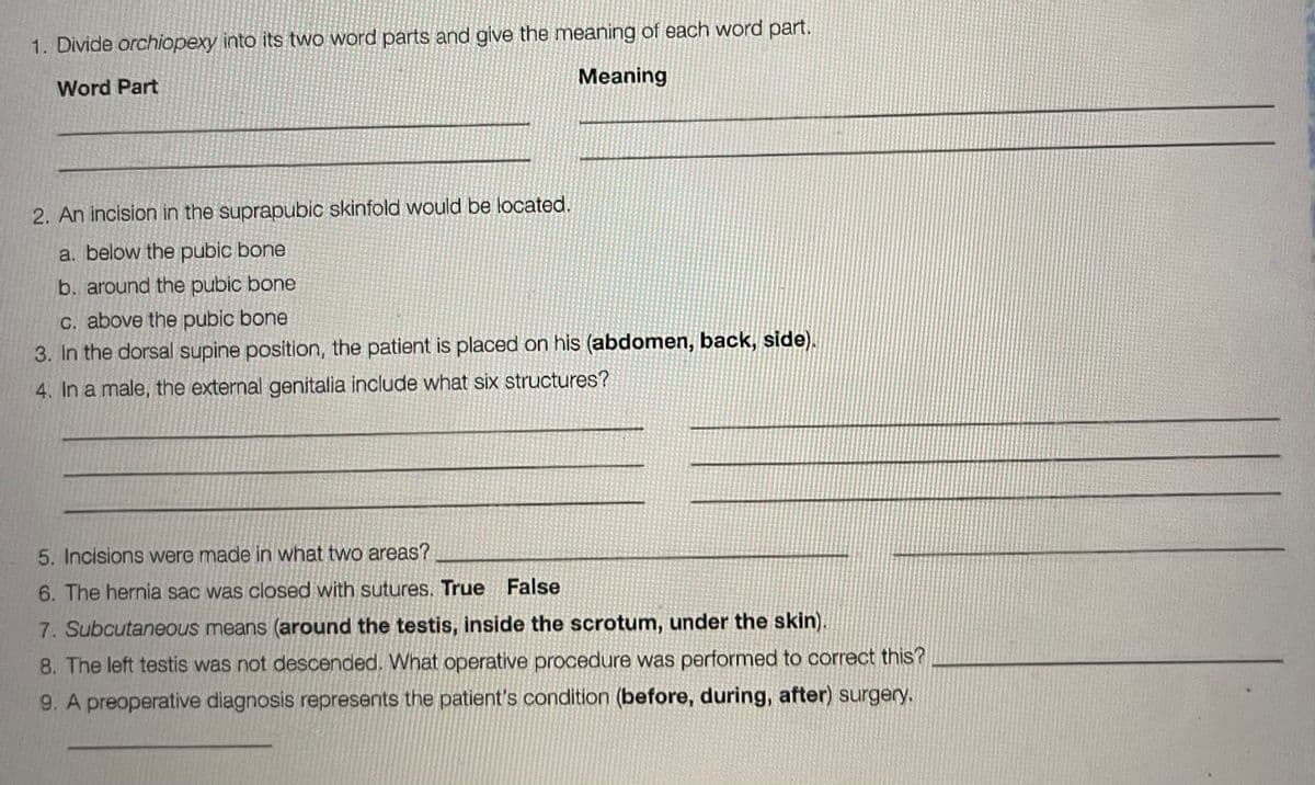 1. Divide orchiopexy into its two word parts and give the meaning of each word part.
Meaning
Word Part
2. An incision in the suprapubic skinfold would be located.
a. below the pubic bone
b. around the pubic bone
C. above the pubic bone
3. In the dorsal supine position, the patient is placed on his (abdomen, back, side).
4. In a male, the external genitalia include what six structures?
5. Incisions were made in what two areas?
6. The hernia sac was closed with sutures. True False
7. Subcutaneous means (around the testis, inside the scrotum, under the skin).
8. The left testis was not descended. What operative procedure was performed to correct this?
9. A preoperative diagnosis represents the patient's condition (before, during, after) surgery.
