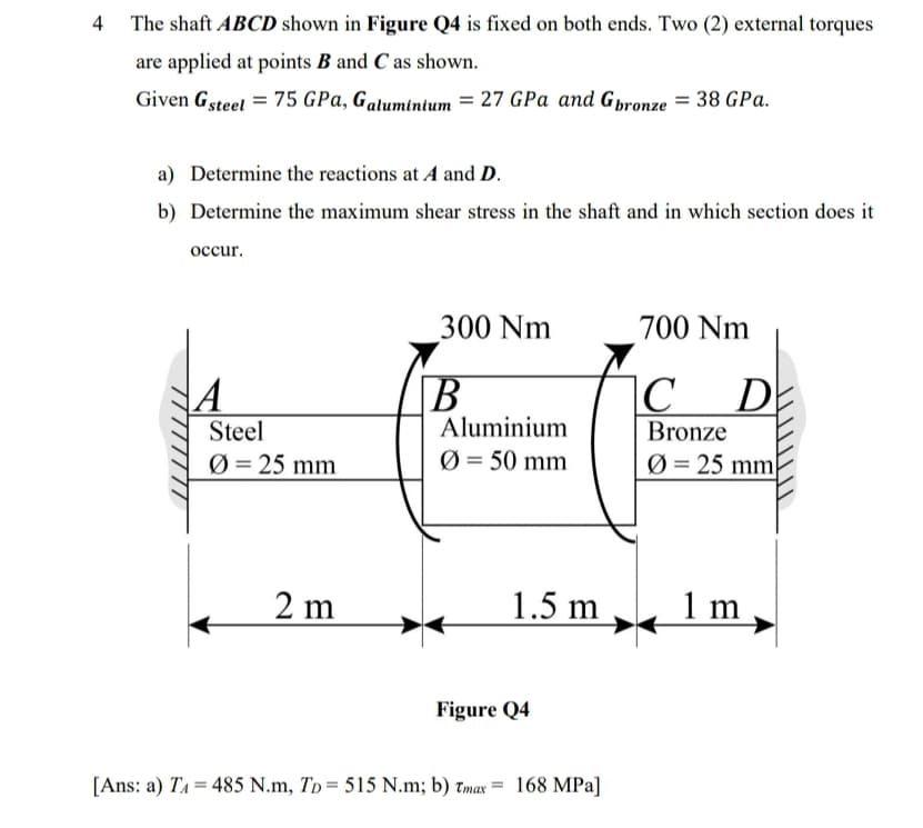 4 The shaft ABCD shown in Figure Q4 is fixed on both ends. Two (2) external torques
are applied at points B and C as shown.
Given Gsteel = 75 GPa, Gatuminium = 27 GPa and Gpronze = 38 GPa.
a) Determine the reactions at A and D.
b) Determine the maximum shear stress in the shaft and in which section does it
occur.
300 Nm
700 Nm
C D
Aluminium
Ø = 50 mm
Steel
Bronze
Ø = 25 mm
Ø = 25 mm|
2 m
1.5 m
1 m
Figure Q4
[Ans: a) TA = 485 N.m, Tp= 515 N.m; b) tmax = 168 MPa]
