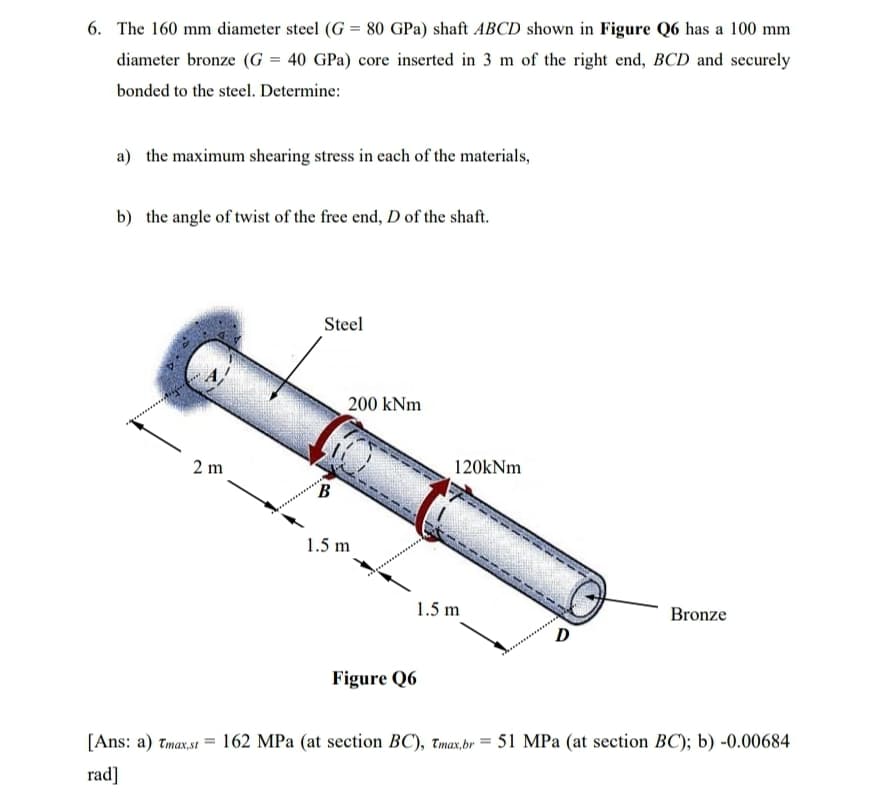 6. The 160 mm diameter steel (G = 80 GPa) shaft ABCD shown in Figure Q6 has a 100 mm
diameter bronze (G = 40 GPa) core inserted in 3 m of the right end, BCD and securely
bonded to the steel. Determine:
a) the maximum shearing stress in each of the materials,
b) the angle of twist of the free end, D of the shaft.
Steel
200 kNm
2 m
120kNm
1.5 m
1.5 m
Bronze
D
Figure Q6
[Ans: a) tmax,st = 162 MPa (at section BC), tmax, br = 51 MPa (at section BC); b) -0.00684
rad]
