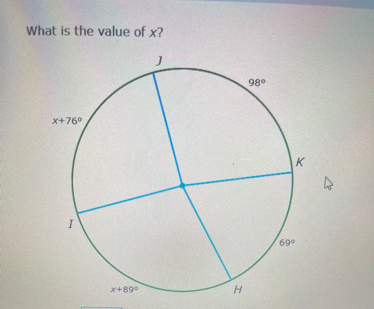 What is the value of x?
98°
x+76°
I
699
x+89°
