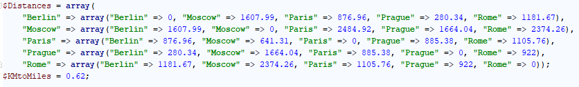 I$Distances = array (
"Berlin" => array ("Berlin" => 0, "Moscow" => 1607.99, "Paris" => 876.96, "Prague" => 280.34, "Rome" => 1181.67),
"Moscow" => array ("Berlin" => 1607.99, "Moscow" => 0, "Paris" => 2484.92, "Prague" => 1664.04, "Rome" => 2374.26),
"Paris" => array ("Berlin" => 876.96, "Moscow" => 641.31, "Paris" => 0, "Prague" => 885.38, "Rome" => 1105.76),
"Prague" => array ("Berlin" => 280.34, "Moscow" => 1664.04, "Paris" => 885.38, "Prague" => 0, "Rome" => 922),
"Rome" => array ("Berlin" => 1181.67, "Moscow" => 2374.26, "Paris" => 1105.76, "Prague" => 922, "Rome" => 0));
$KMtoMiles = 0.62;
