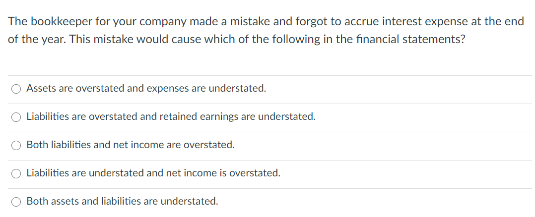 The bookkeeper for your company made a mistake and forgot to accrue interest expense at the end
of the year. This mistake would cause which of the following in the financial statements?
Assets are overstated and expenses are understated.
Liabilities are overstated and retained earnings are understated.
Both liabilities and net income are overstated.
Liabilities are understated and net income is overstated.
Both assets and liabilities are understated.
