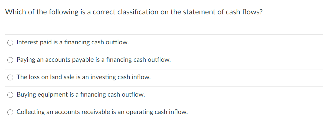 Which of the following is a correct classification on the statement of cash flows?
O Interest paid is a financing cash outflow.
Paying an accounts payable is a financing cash outflow.
The loss on land sale is an investing cash inflow.
O Buying equipment is a financing cash outflow.
O Collecting an accounts receivable is an operating cash inflow.
