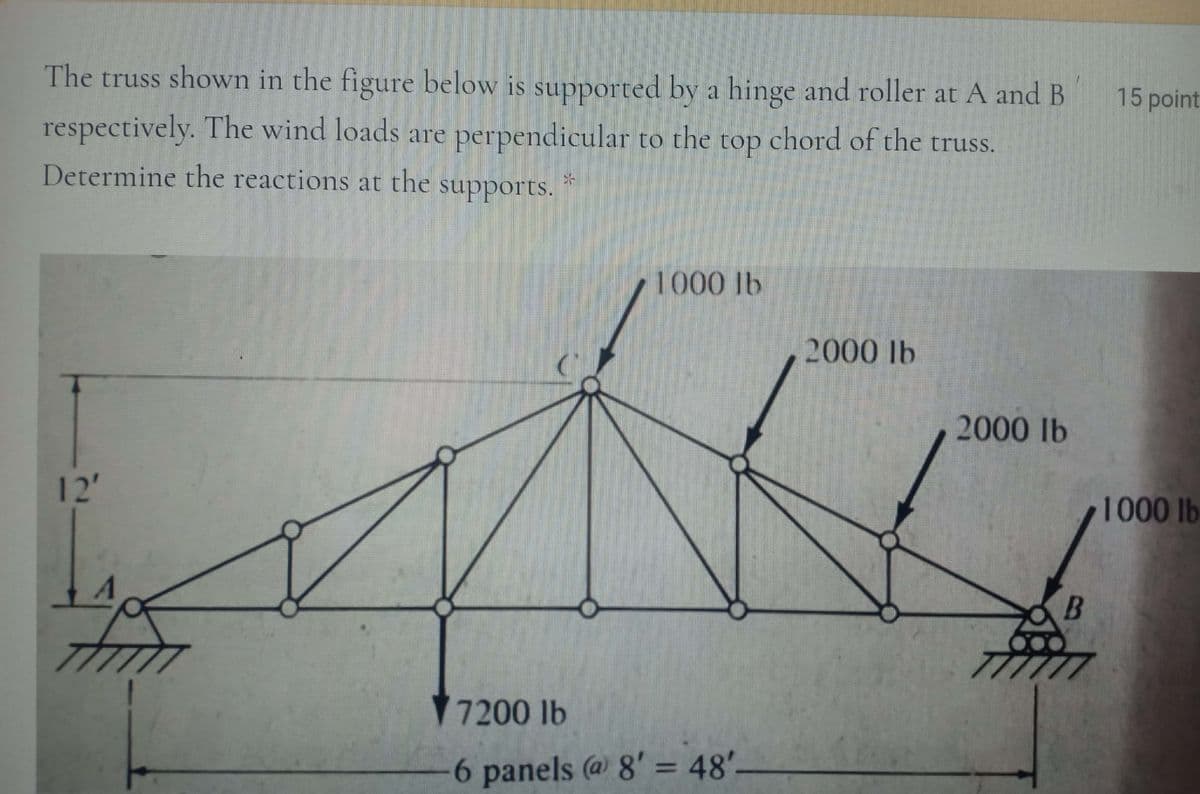 The truss shown in the figure below is supported by a hinge and roller at A and B
15 point
respectively. The wind loads are perpendicular to the top chord of the truss.
Determine the reactions at the supports.
1000 lb
2000 lb
2000 lb
121
1000 lb
B
7200 lb
6 panels (@ 8' = 48'.
