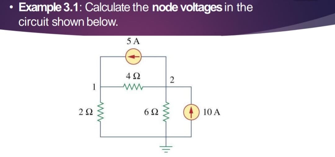 Example 3.1: Calculate the node voltages in the
circuit shown below.
5 A
4Ω
1
2Ω
6 2
10 A
