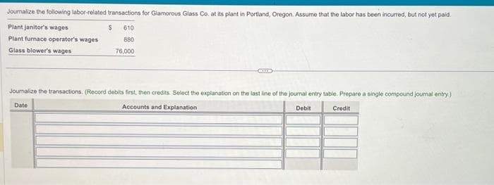 Journalize the following labor-related transactions for Glamorous Glass Co. at its plant in Portland, Oregon. Assume that the labor has been incurred, but not yet paid.
Plant janitor's wages
Plant furnace operator's wages
Glass blower's wages
$ 610
880
76,000
Journalize the transactions. (Record debits first, then credits. Select the explanation on the last line of the journal entry table. Prepare a single compound journal entry)
Credit
Date
Accounts and Explanation
Debit