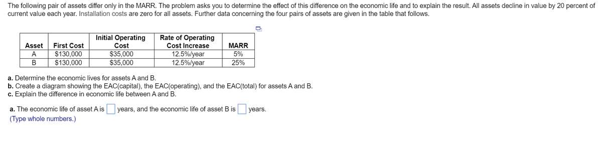 The following pair of assets differ only in the MARR. The problem asks you to determine the effect of this difference on the economic life and to explain the result. All assets decline in value by 20 percent of
current value each year. Installation costs are zero for all assets. Further data concerning the four pairs of assets are given in the table that follows.
Initial Operating
Rate of Operating
Asset
First Cost
Cost
Cost Increase
MARR
$130,000
$130,000
$35,000
$35,000
12.5%/year
12.5%/year
A
5%
В
25%
a. Determine the economic lives for assets A and B.
b. Create a diagram showing the EAC(capital), the EAC(operating), and the EAC(total) for assets A and B.
c. Explain the difference in economic life between A and B.
a. The economic life of asset A is
years, and the economic life of asset B is
years.
(Type whole numbers.)
B
