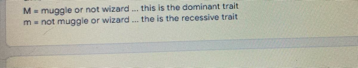 M= muggle or not wizard... this is the dominant trait
m= not muggle or wizard... the is the recessive trait,
