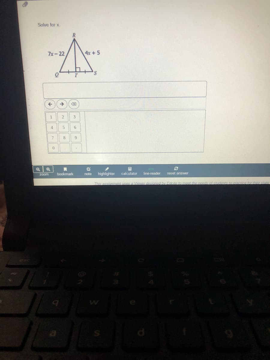 Solve for x.
7x-22
4x + 5
'S
->
3
4.
bookmark
highlighter
calculator
line-reader
reset answer
Zoom
note
This assignment uses a Viewer designed by Edcite to meet the needs of students to practice for their state
esc
1.
