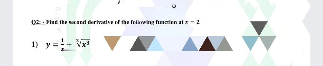 Q2: - Find the second derivative of the following function at x = 2
1) у
=+ Vr3
