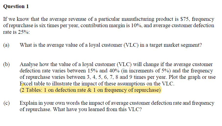 Question 1
If we know that the average revenue of a particular manufacturing product is $75, frequency
of repurchase is six times per year, contribution margin is 10%, and average customer defection
rate is 25%:
(a)
What is the average value of a loyal customer (VLC) in a target market segment?
(b)
(c)
Analyse how the value of a loyal customer (VLC) will change if the average customer
defection rate varies between 15% and 40% (in increments of 5%) and the frequency
of repurchase varies between 3, 4, 5, 6, 7, 8 and 9 times per year. Plot the graph or use
Excel table to illustrate the impact of these assumptions on the VLC.
(2 Tables: 1 on defection rate & 1 on frequency of repurchase)
Explain in your own words the impact of average customer defection rate and frequency
of repurchase. What have you learned from this VLC?