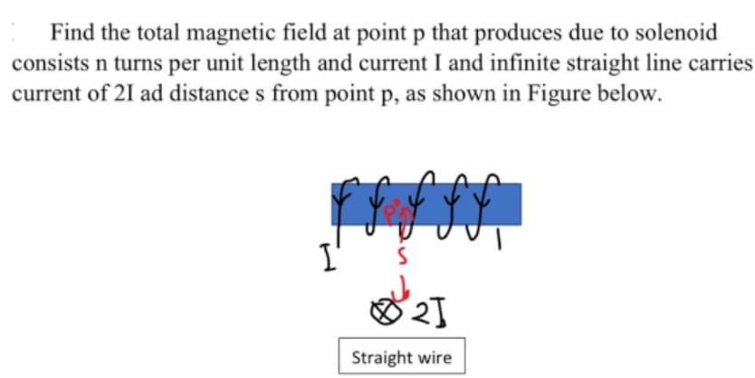 Find the total magnetic field at point p that produces due to solenoid
consists n turns per unit length and current I and infinite straight line carries
current of 21 ad distance s from point p, as shown in Figure below.
Straight wire
